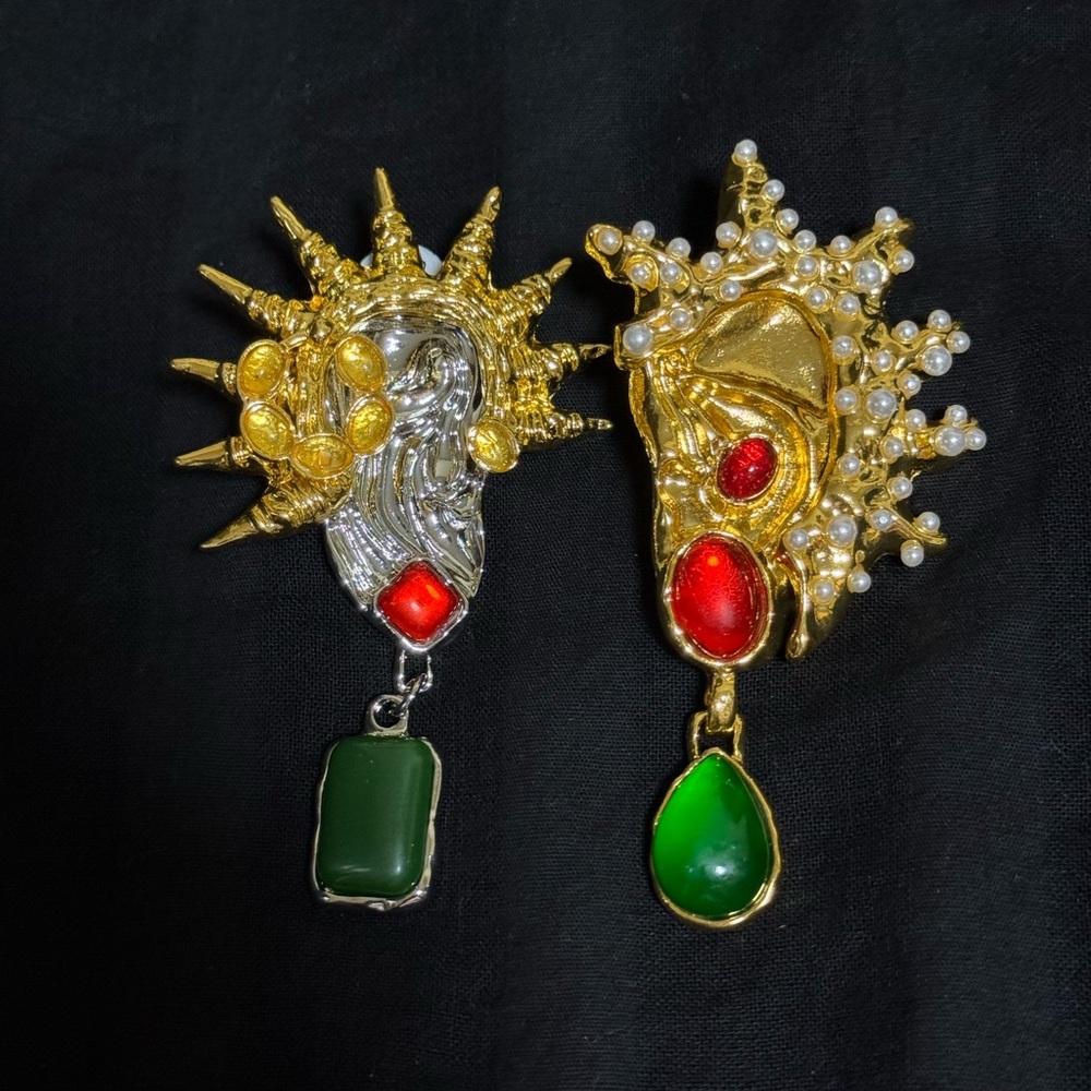 Schiaparelli Inspired Gold-Tone Pearl & Gem Statement Earrings with Green Drops - Picture 2 of 5